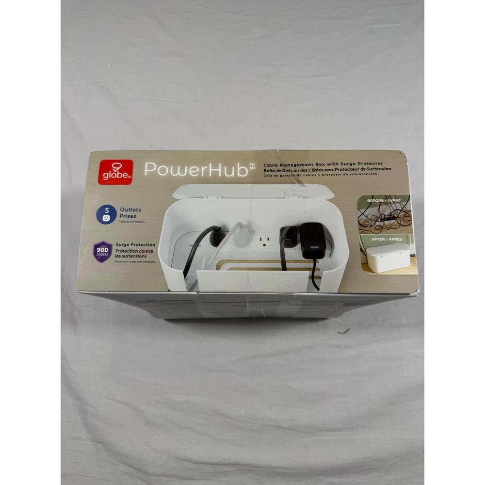 Globe PowerHub Cable Management Box White NEW 5-Outlet Surge‎ Protector